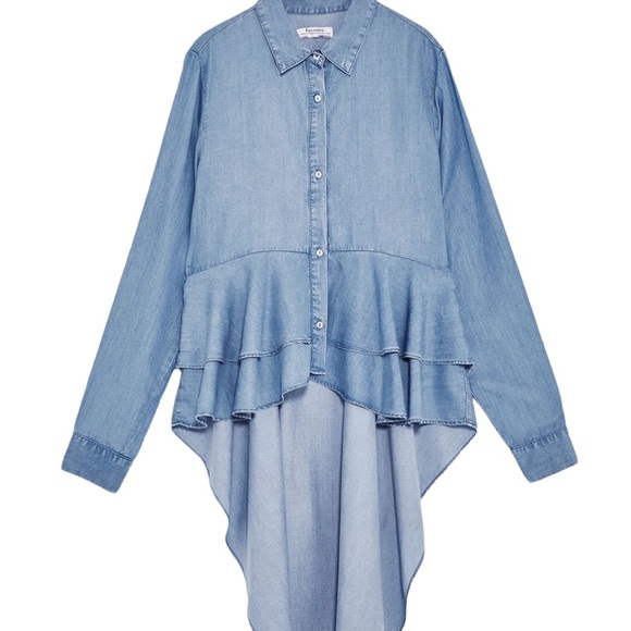Zara Tops - Zara Asymmetrical Ruffle Blue Denim Layered Button Up Collar Blouse Size Small